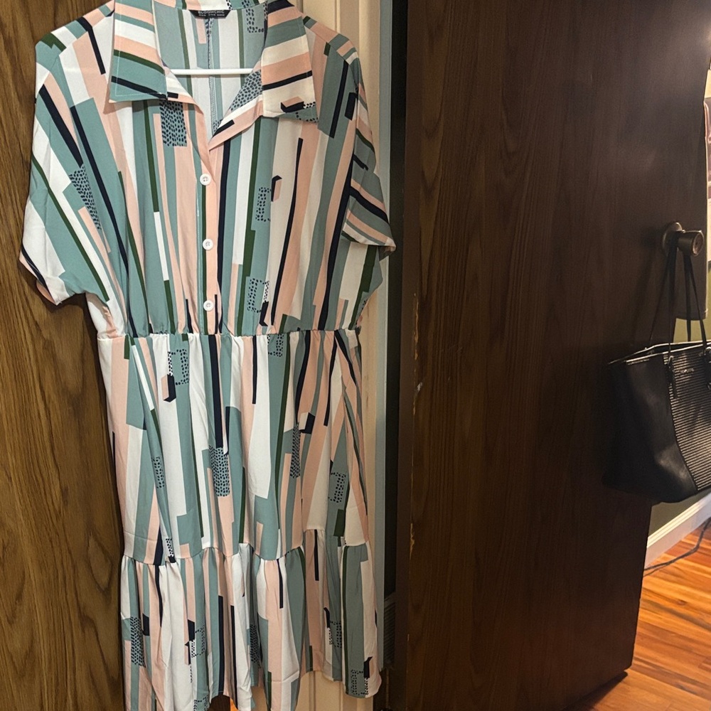 BloomChic Women's Geometric Midi Dress - Blue, Green, Peach - Picture 4 of 4